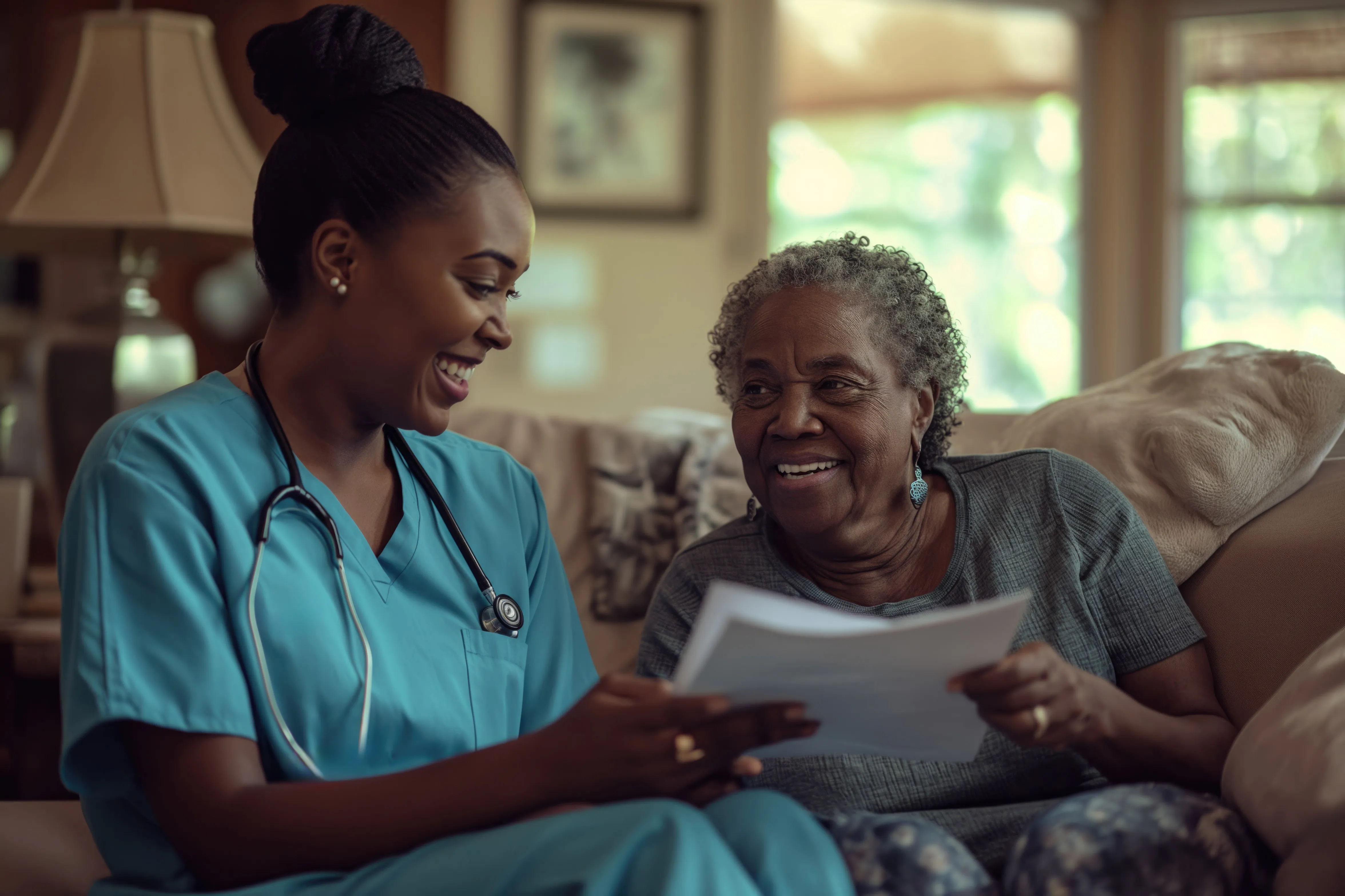 A nurse caring for an elderly woman at home
